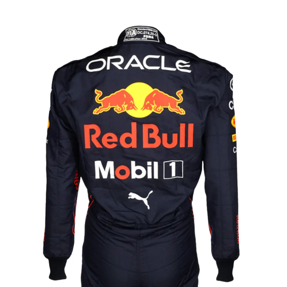 Black racing suit with Red Bull and Oracle branding on a white background