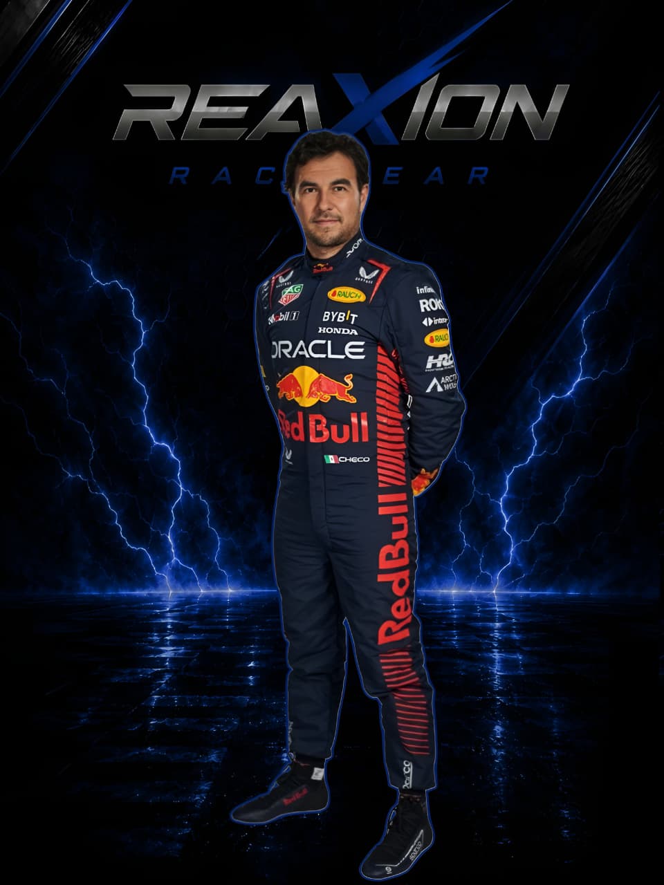 Sergio Perez Red Bull 2023 F1 Racing Suit with 'Reaxion Race Gear' branding on a dark background with lightning effects.