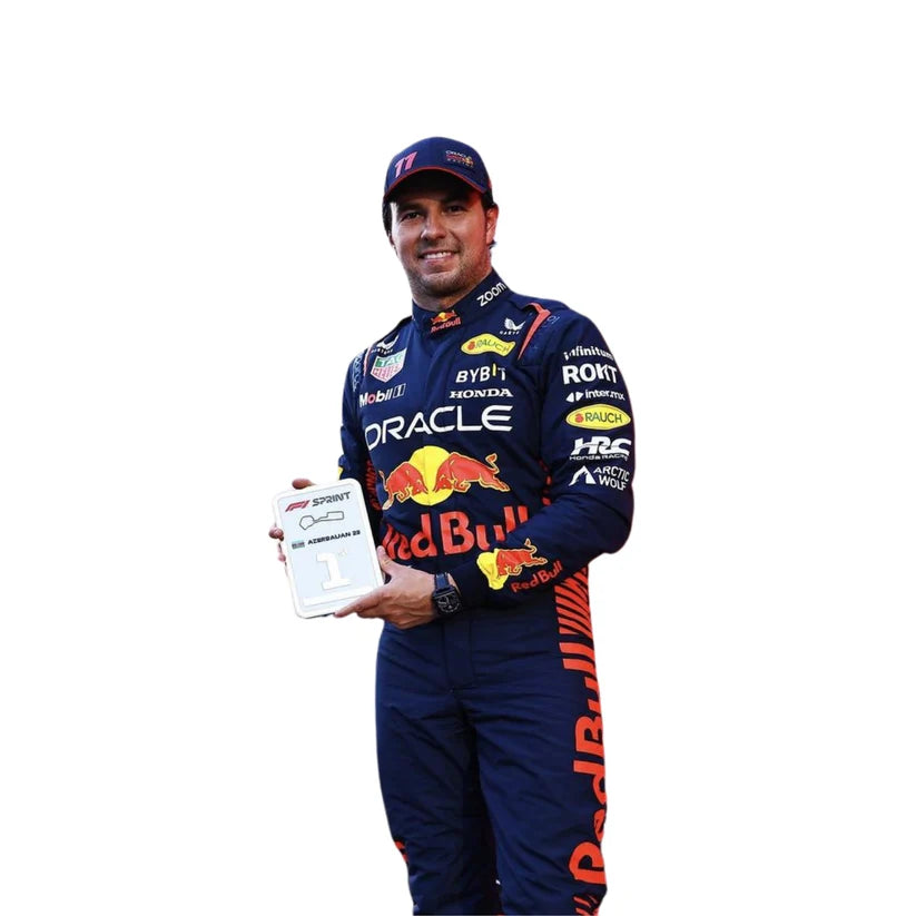 Sergio Perez in Red Bull 2023 F1 Racing Suit and holding a trophy with visible branding on a white background