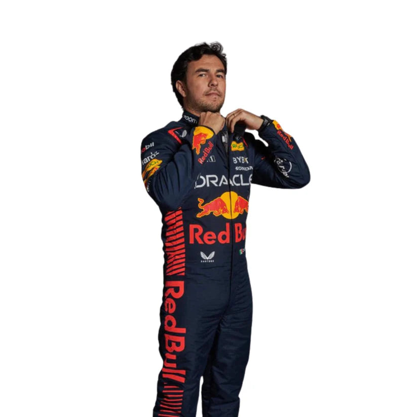 Sergio Perez Red Bull 2023 F1 Racing Suit on a white background