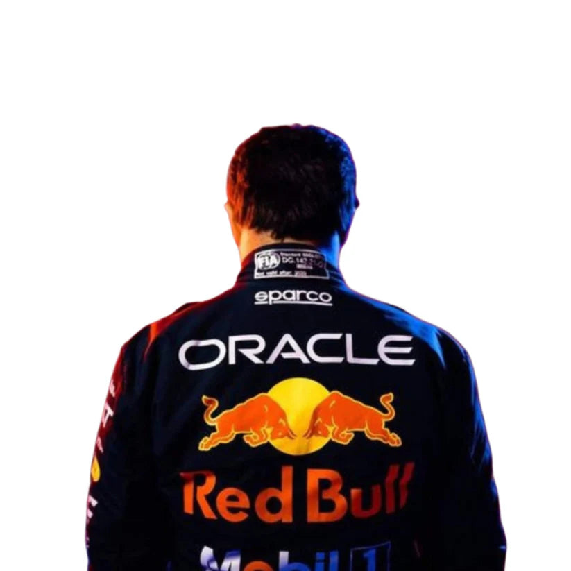 Sergio Perez Red Bull 2023 F1 Racing Suit with Oracle, Red Bull, and Sparco logos on a white background