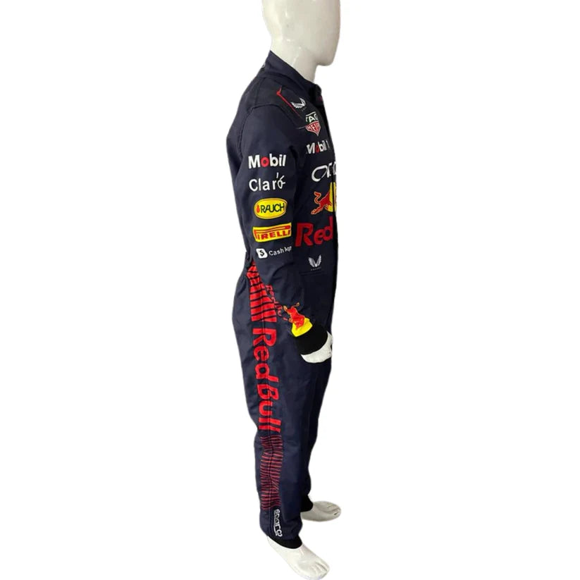 Navy jumpsuit with Red Bull and Mobil branding on a mannequin against a white background