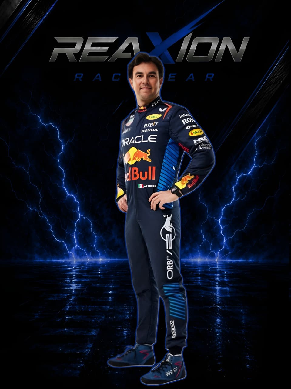 Sergio Perez Red Bull 2024 F1 Racing Suit with visible branding against a dark background with lightning effects