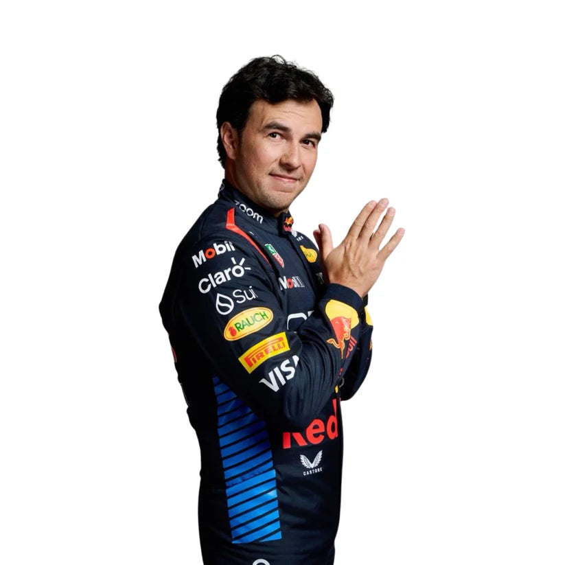 Sergio Perez Red Bull 2024 F1 Racing Suit with various sponsor logos on a white background