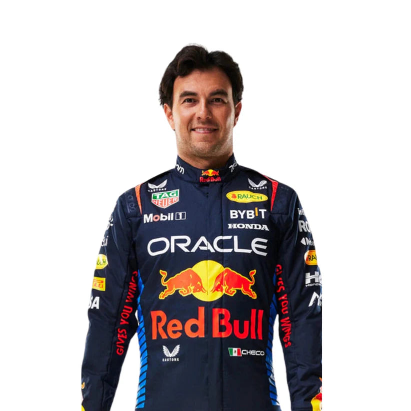 Sergio Perez Red Bull 2024 F1 Racing Suit with various sponsor logos on a white background