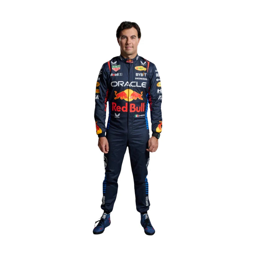 Sergio Perez Red Bull 2024 F1 Racing Suit suit on a white background