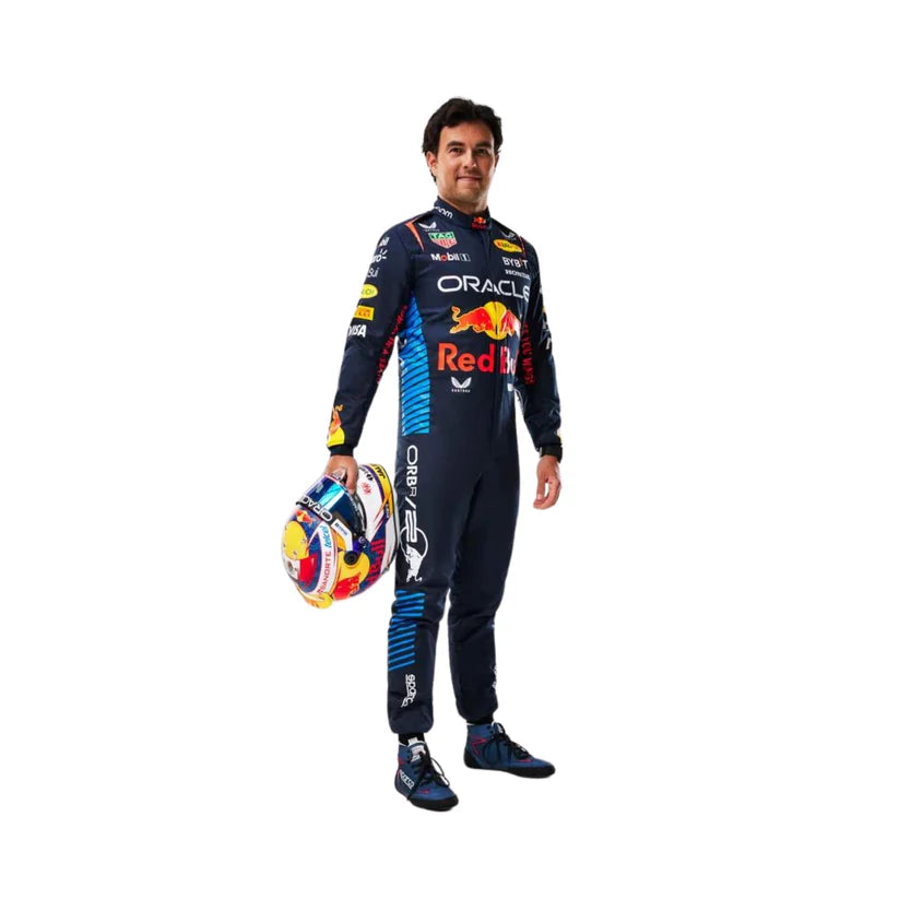 Sergio Perez Red Bull 2024 F1 Racing Suit with visible branding on a white background