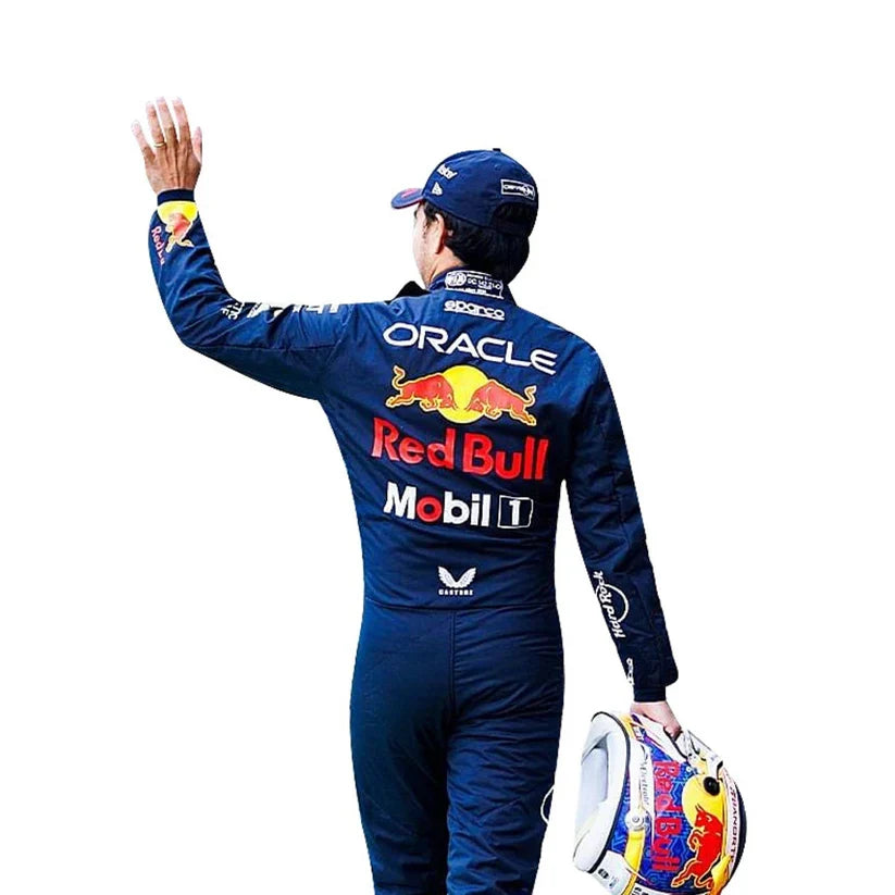 Sergio Perez Red Bull 2024 F1 Racing Suit with Red Bull and Oracle logos on a white background