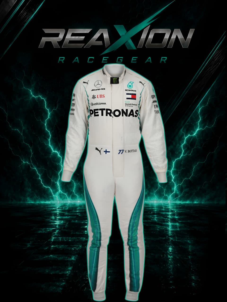 Valtteri Bottas Mercedes 2018 F1 Racing Suit with teal side stripes and multiple sponsor logos, centered against a dark background with teal lightning effects and the REAXION RACEGEAR branding.