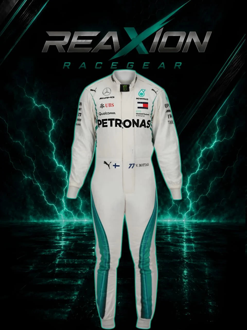 Valtteri Bottas Mercedes 2018 F1 Racing Suit with teal side stripes and multiple sponsor logos, centered against a dark background with teal lightning effects and the REAXION RACEGEAR branding.