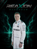 Valtteri Bottas in Mercedes 2017 F1 Racing Suit stands centered against a dark graphic background with glowing teal lightning and the large text 'REAXION RACEGEAR' at the top. Visible sponsor logos on the suit include Petronas, Epson, and Alliant.