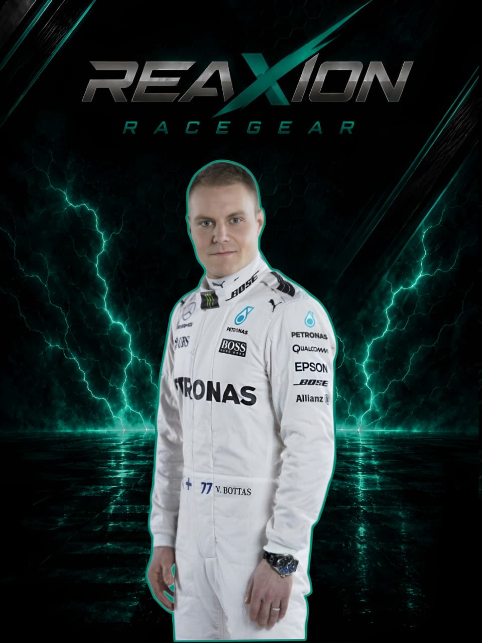 Valtteri Bottas in Mercedes 2017 F1 Racing Suit stands centered against a dark graphic background with glowing teal lightning and the large text 'REAXION RACEGEAR' at the top. Visible sponsor logos on the suit include Petronas, Epson, and Alliant.