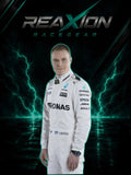 Valtteri Bottas in Mercedes 2017 F1 Racing Suit stands centered against a dark graphic background with glowing teal lightning and the large text 'REAXION RACEGEAR' at the top. Visible sponsor logos on the suit include Petronas, Epson, and Alliant.