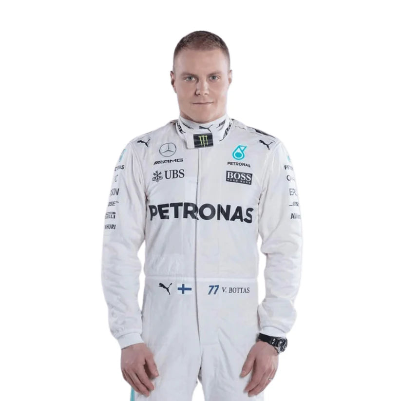 Valtteri Bottas in Mercedes 2017 F1 Racing Suits with various sponsor logos on a white background