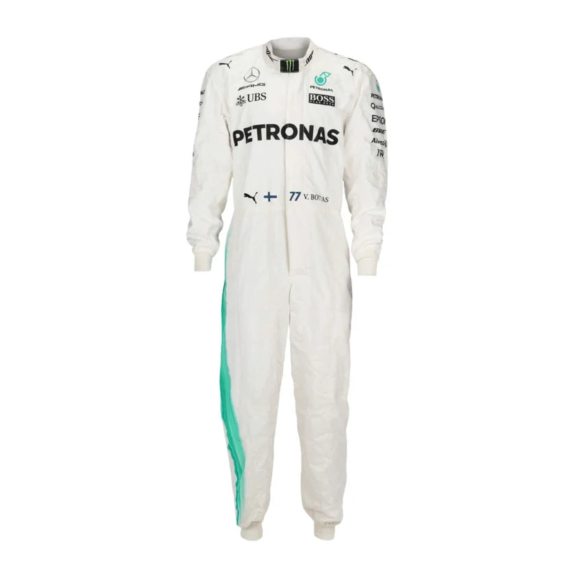 Valtteri Bottas Mercedes 2017 F1 Racing Suits with green and black sponsor logos, including Petronas, Mercedes, and Puma, shown against a plain white background.