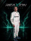 Valtteri Bottas in Mercedes 2019 F1 Racing Suit with Petron and Puma logos stands against a dark, lightning-themed background with the text 'REAXION RACEGEAR' at the top.