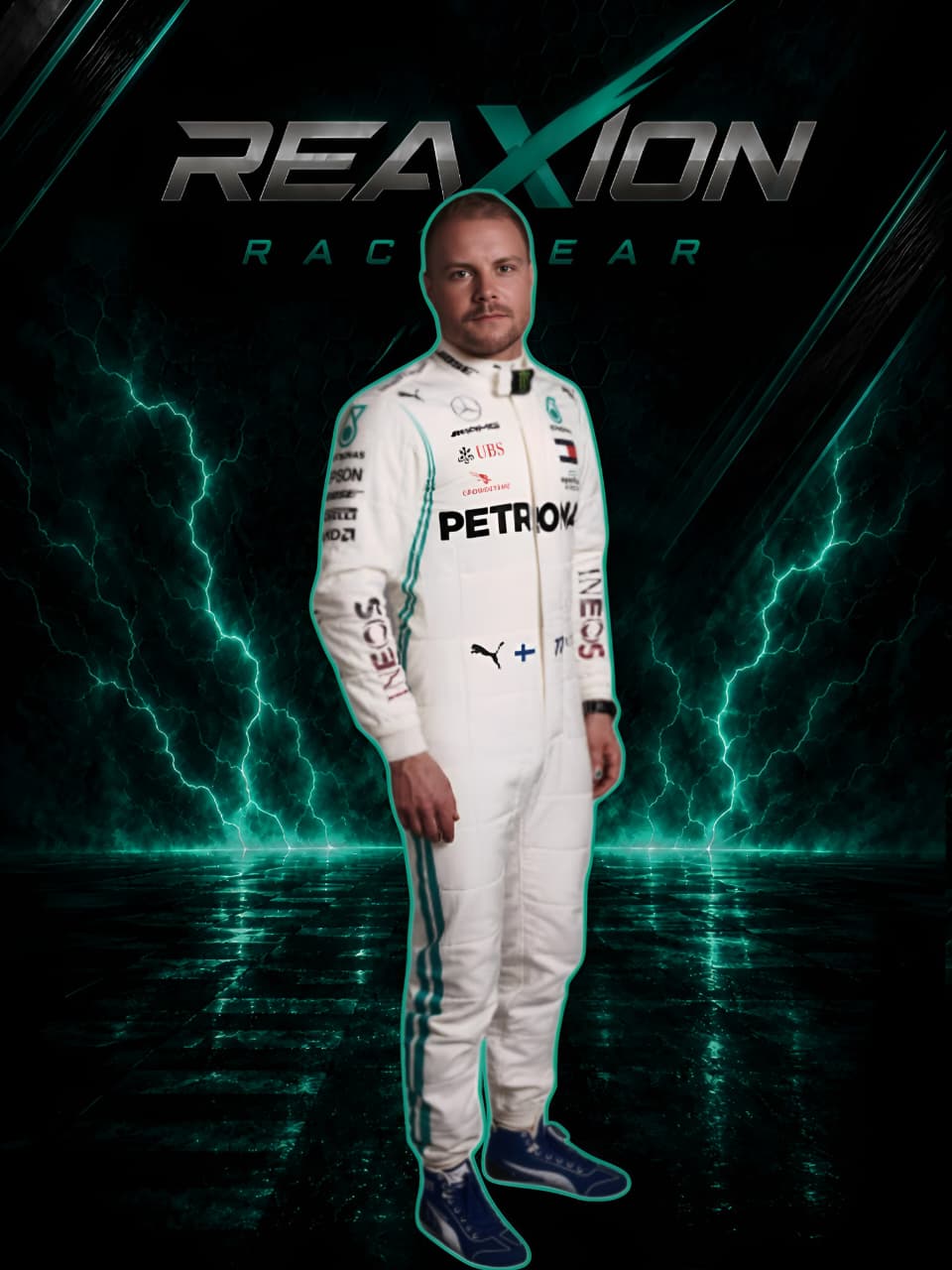 Valtteri Bottas in Mercedes 2019 F1 Racing Suit with Petron and Puma logos stands against a dark, lightning-themed background with the text 'REAXION RACEGEAR' at the top.