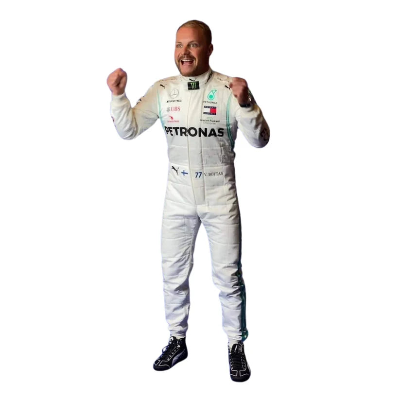 Valtteri Bottas in Mercedes 2019 F1 Racing Suit with Petronas and Mercedes-Benz logos on a white background
