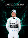 Valtteri Bottas in Mercedes 2020 F1 Racing Suit and cap stands centered against a dark graphic background with teal lightning effects and the large text 'REAXION RACEGEAR' above him. The suit has multiple sponsor logos including Petronas, Marriott Bonvoy, Mercedes-Benz, Puma, and UBS.
