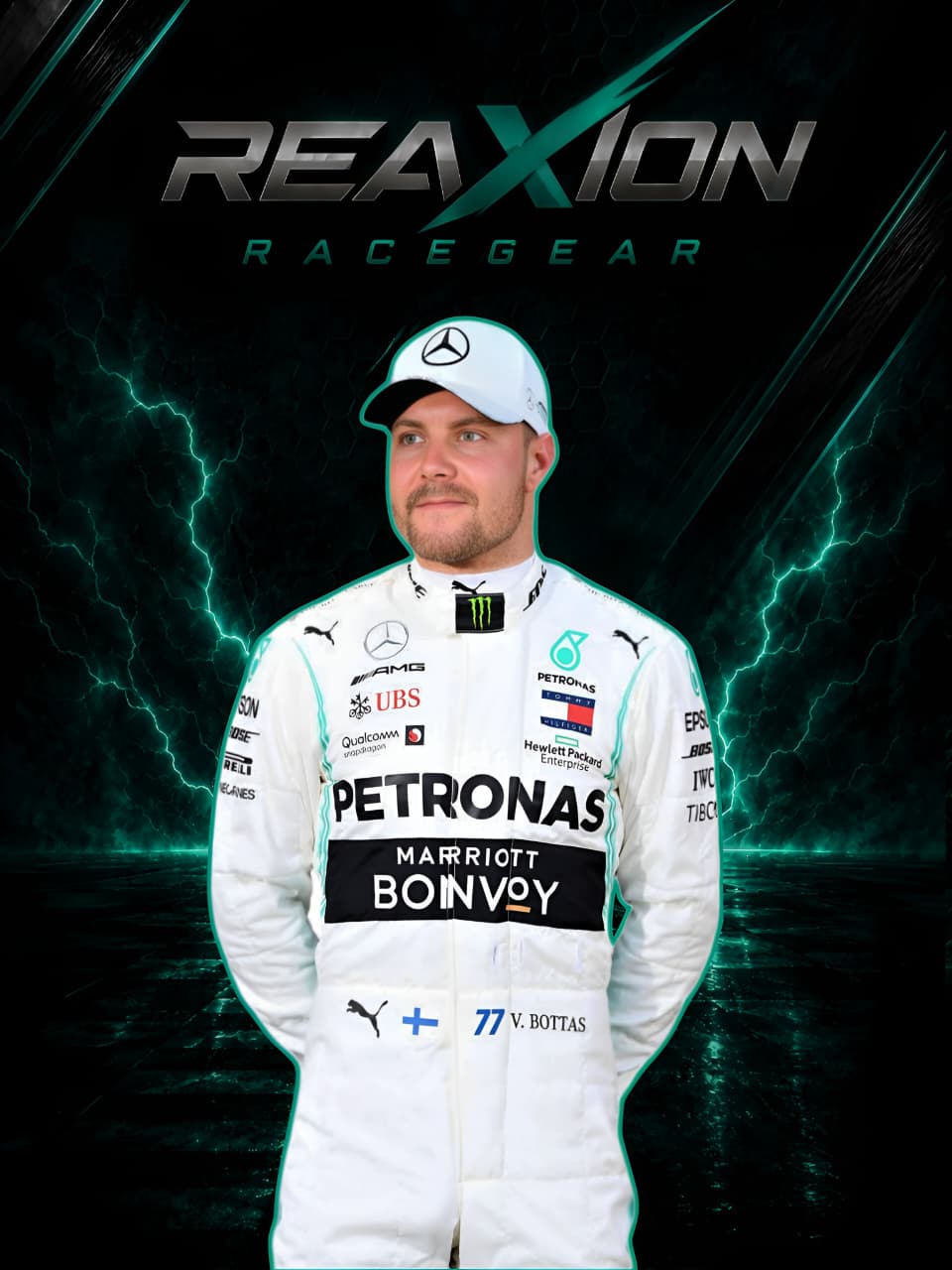 Valtteri Bottas in Mercedes 2020 F1 Racing Suit and cap stands centered against a dark graphic background with teal lightning effects and the large text 'REAXION RACEGEAR' above him. The suit has multiple sponsor logos including Petronas, Marriott Bonvoy, Mercedes-Benz, Puma, and UBS.