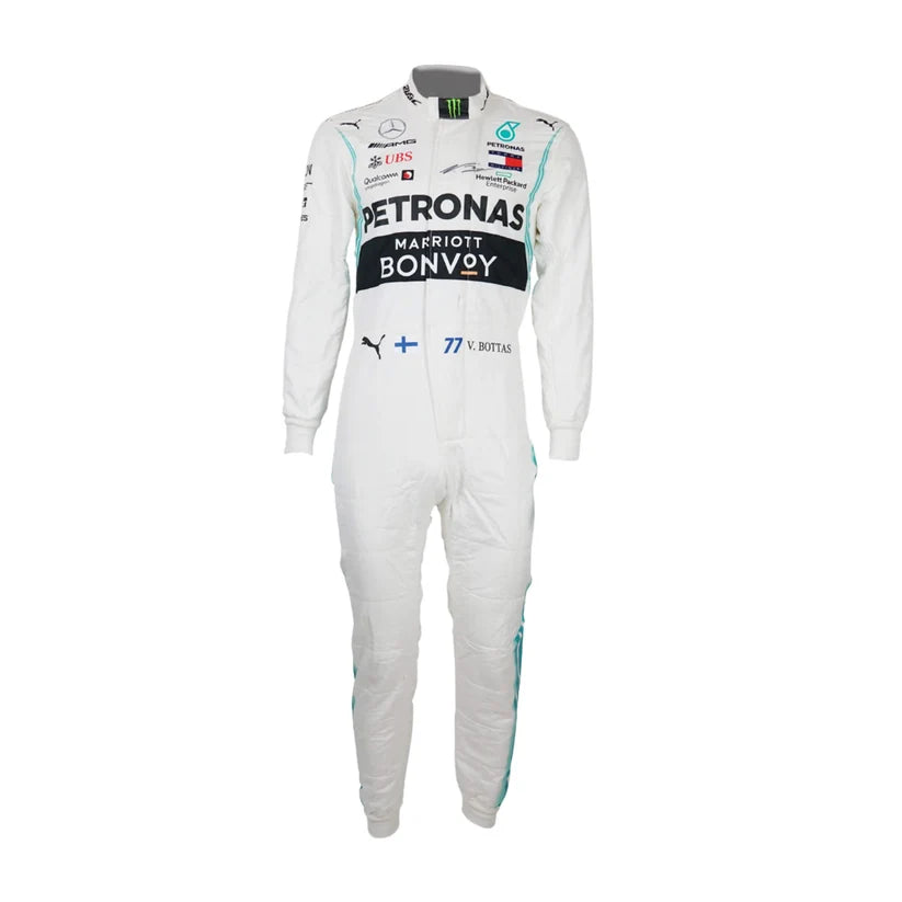 Valtteri Bottas Mercedes 2020 F1 Racing Suit with sponsor logos on a white background