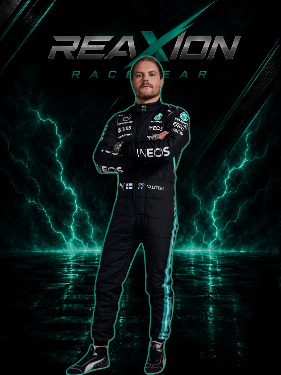 Valtteri Bottas in Mercedes 2021 F1 Racing Suit with multiple sponsor logos stands centered against a dark background with glowing teal lightning effects and the large text 'REAXION RACEGEAR' at the top.