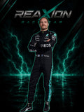 Valtteri Bottas in Mercedes 2021 F1 Racing Suit with multiple sponsor logos stands centered against a dark background with glowing teal lightning effects and the large text 'REAXION RACEGEAR' at the top.