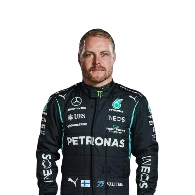 Valtteri Bottas wearing a Formula 1 racing suit with various sponsor logos on a white background
