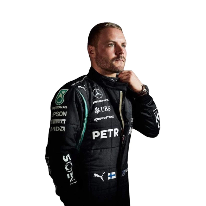 Valtteri Bottas in Mercedes 2021 F1 Racing Suit with various sponsor logos on a white background