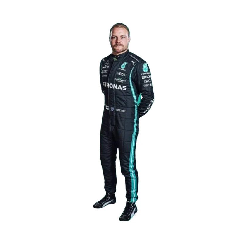 Valtteri Bottas in Mercedes 2021 F1 Racing Suit with green accents on a white background