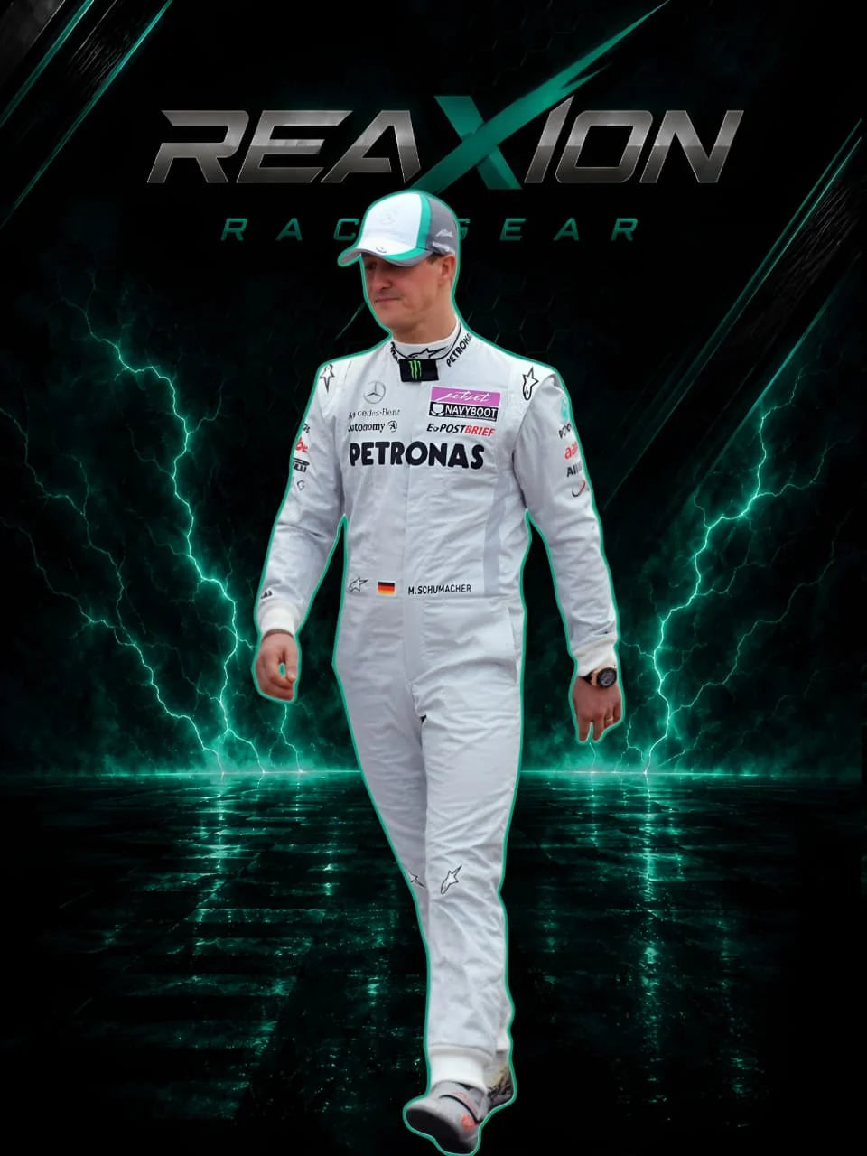 Michael Schumacher Mercedes 2011 F1 Racing Suit shown in a dynamic walking pose with REAXION Race Gear branding.