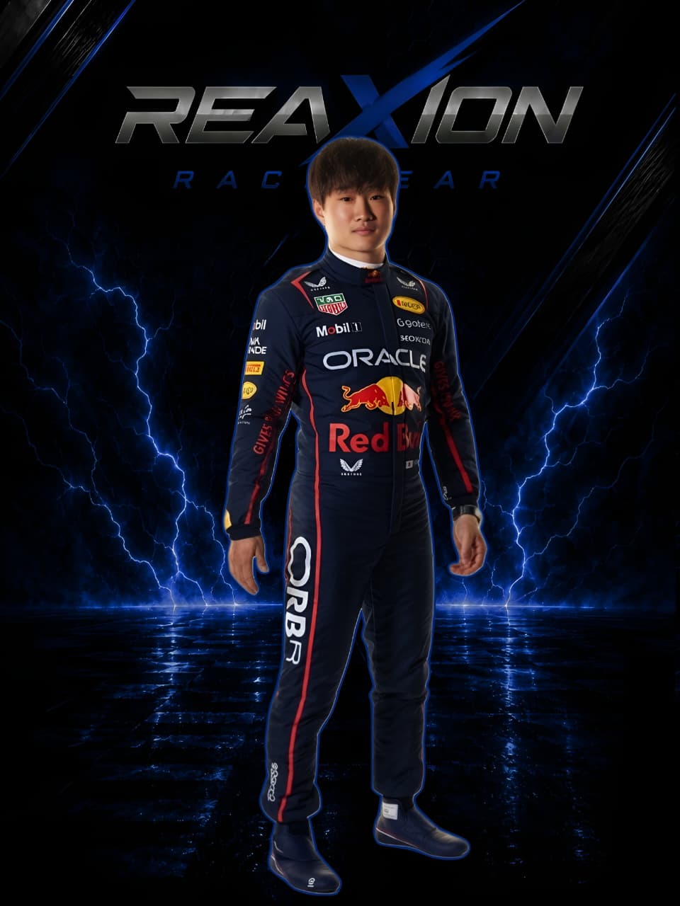Yuki Tsunoda Red Bull 2025 F1 Racing Suit with visible branding against a dark background with lightning effects