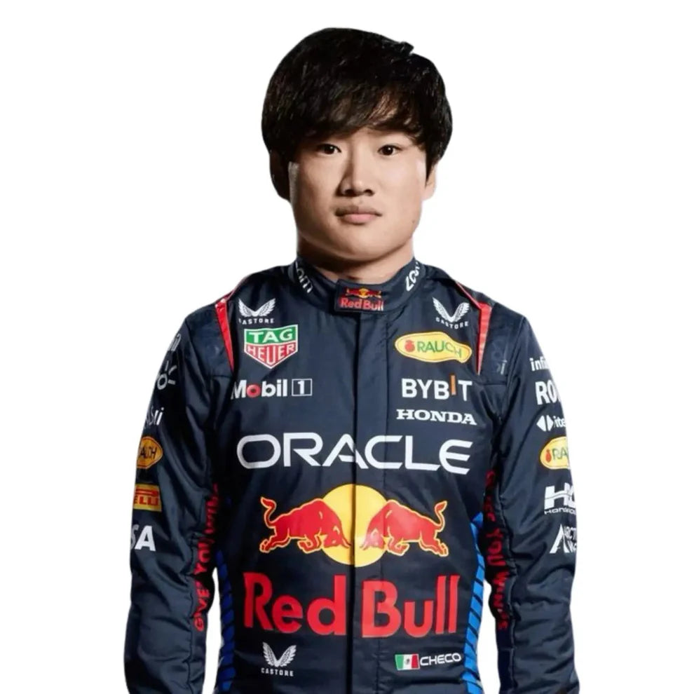 Yuki Tsunoda Red Bull 2025 F1 Racing Suit with various sponsor logos on a white background