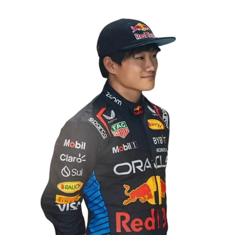 Yuki Tsunoda Red Bull 2025 F1 Racing Suit with various sponsor logos on a white background