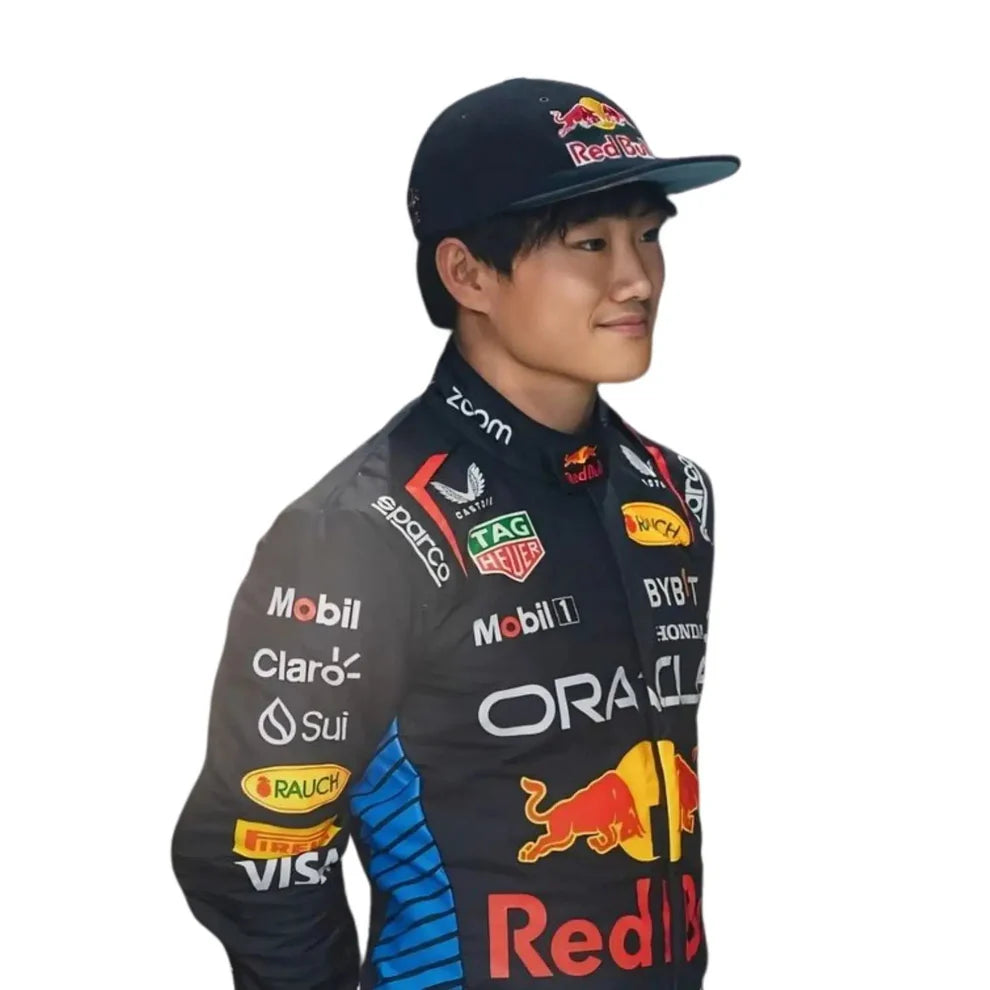 Yuki Tsunoda Red Bull 2025 F1 Racing Suit with various sponsor logos on a white background
