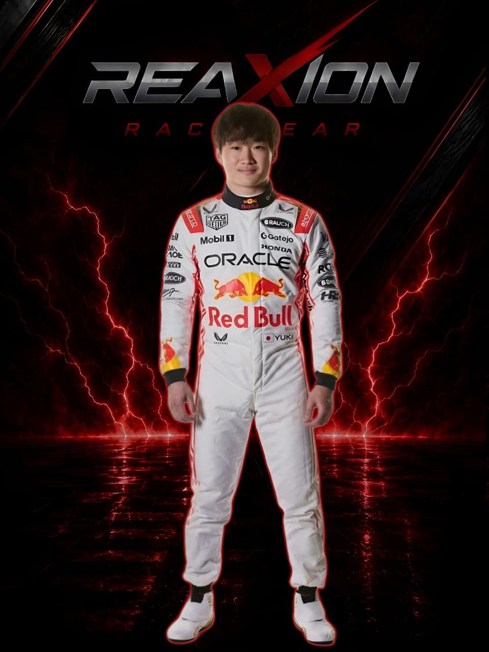 Yuki Tsunoda Red Bull 2025 Japanese GP F1 Racing Suit with visible branding against a dark background with lightning effects.