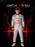 Yuki Tsunoda Red Bull 2025 Japanese GP F1 Racing Suit with visible branding against a dark background with lightning effects.