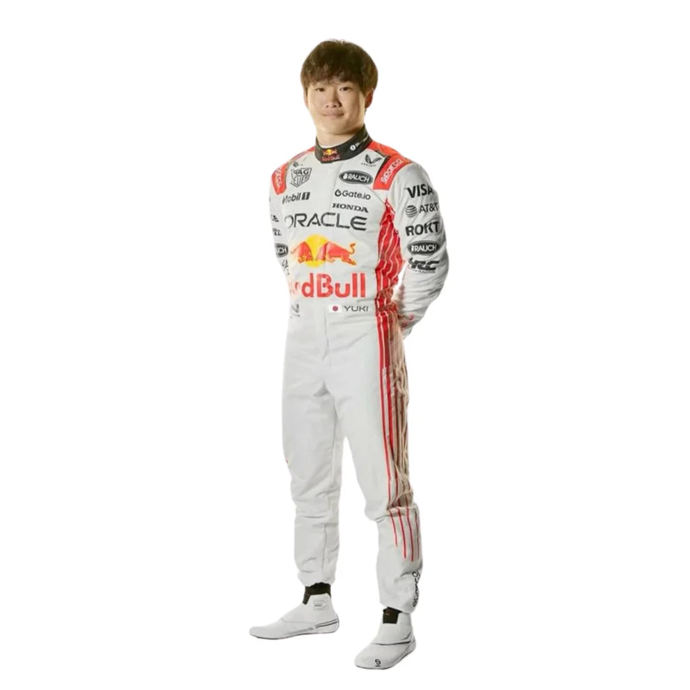 Yuki Tsunoda Red Bull 2025 Japanese GP F1 Racing Suit with various sponsor logos on a white background