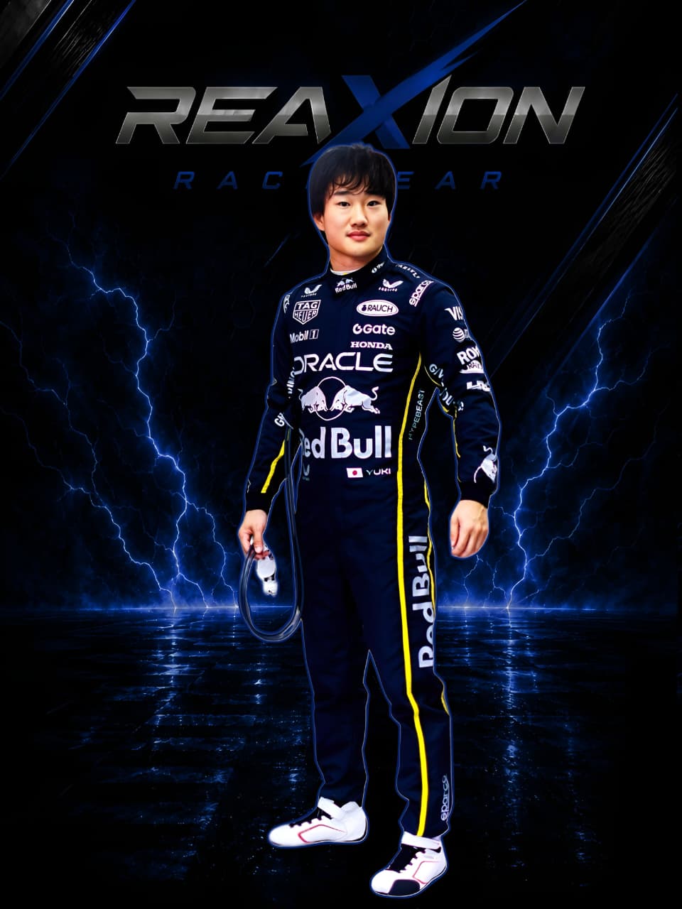 Yuki Tsunoda Red Bull 2025 Las Vegas GP F1 Racing Suit with visible branding against a dark background with lightning effects.