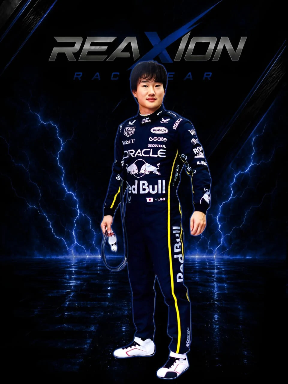 Yuki Tsunoda Red Bull 2025 Las Vegas GP F1 Racing Suit with visible branding against a dark background with lightning effects.
