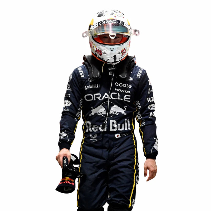 Yuki Tsunoda Red Bull 2025 Las Vegas GP F1 Racing Suit and helmet with Oracle and Red Bull branding on a white background
