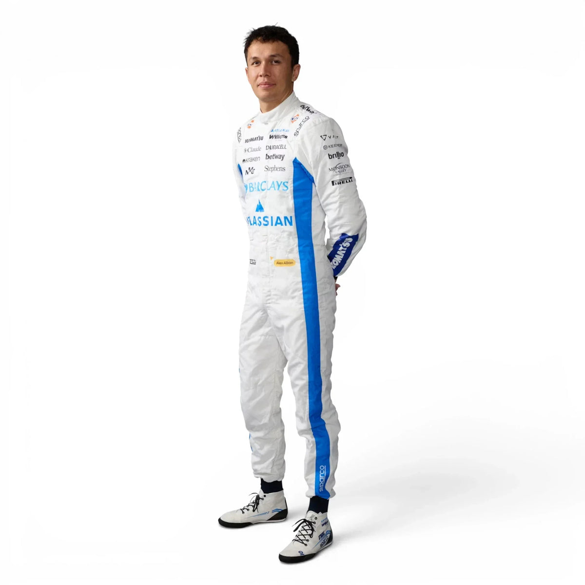 Alexander Albon 2026 Williams F1 Inspired Race Suit in Williams Blue, Front view showing printed sponsor logos, by Reaxion Racegear