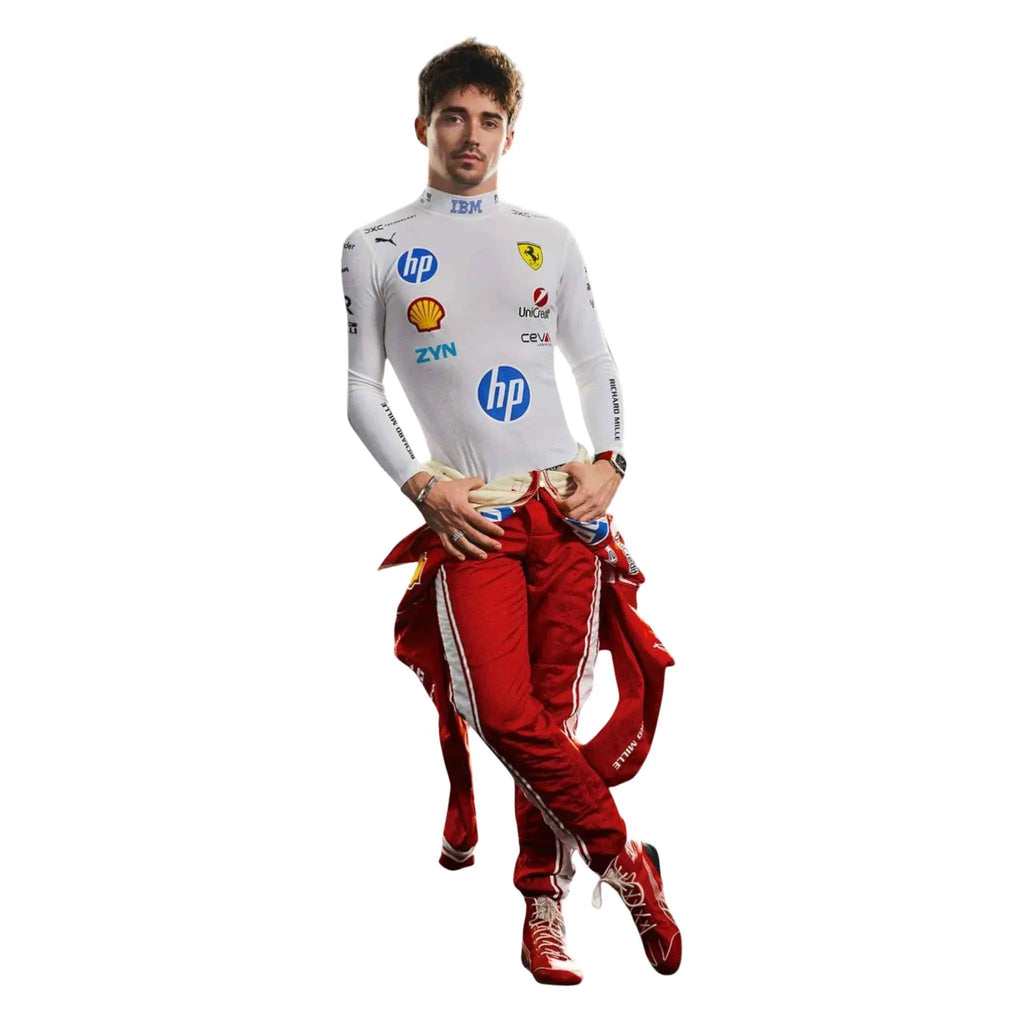 Charles Leclerc 2026 Ferrari F1 Inspired Race Suit in Ferrari Red, Back view showing printed sponsor logos, by Reaxion Racegear