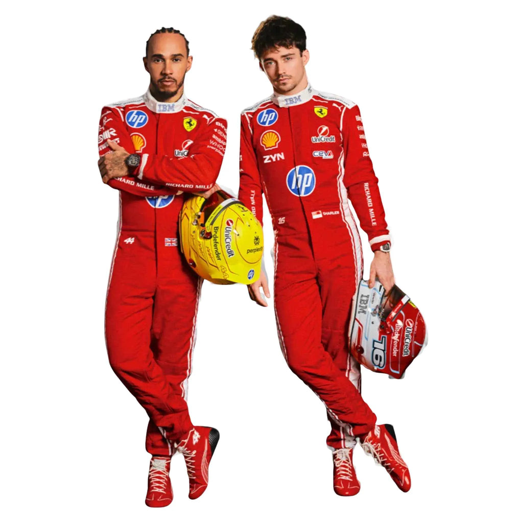 Charles Leclerc 2026 Ferrari F1 Inspired Race Suit in Ferrari Red, Front view showing printed sponsor logos, by Reaxion Racegear