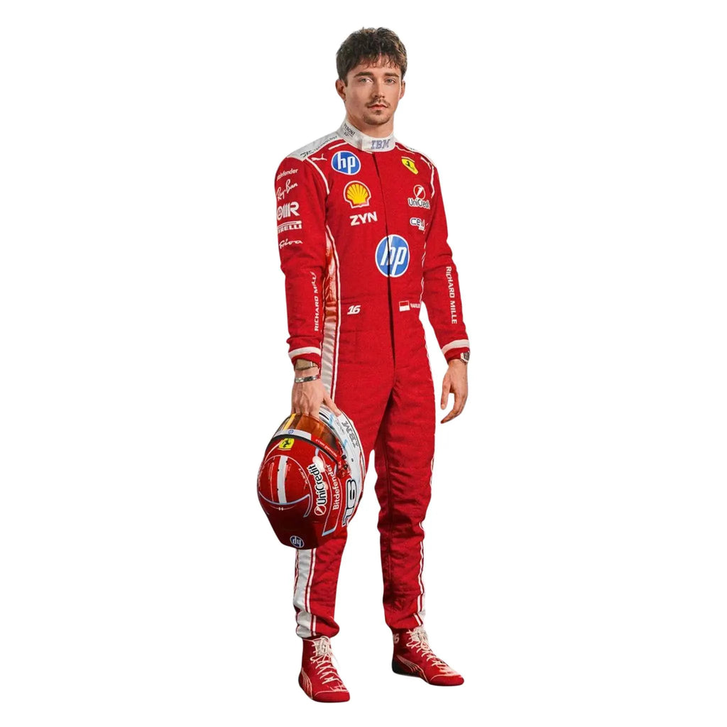 Charles Leclerc 2026 Ferrari F1 Inspired Race Suit in Ferrari Red, Side view showing printed sponsor logos, by Reaxion Racegear