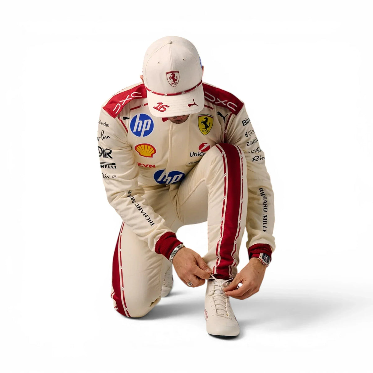 Charles Leclerc 2026 Monaco Grand Prix Ferrari F1 Inspired Race Suit in Ferrari Red, Back view 2 showing printed sponsor logos, by Reaxion Racegear