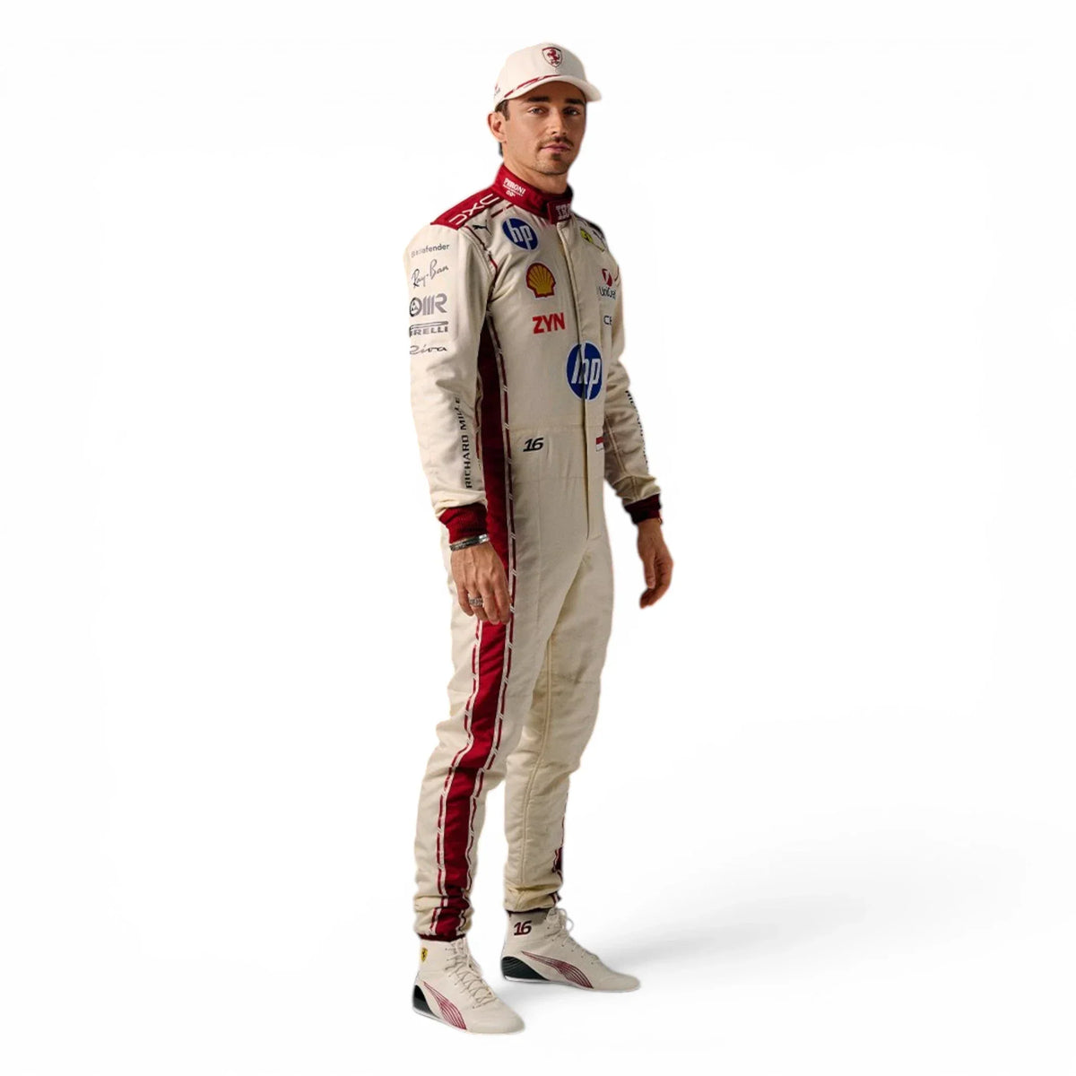 Charles Leclerc 2026 Monaco Grand Prix Ferrari F1 Inspired Race Suit in Ferrari Red, Detail view showing printed sponsor logos, by Reaxion Racegear