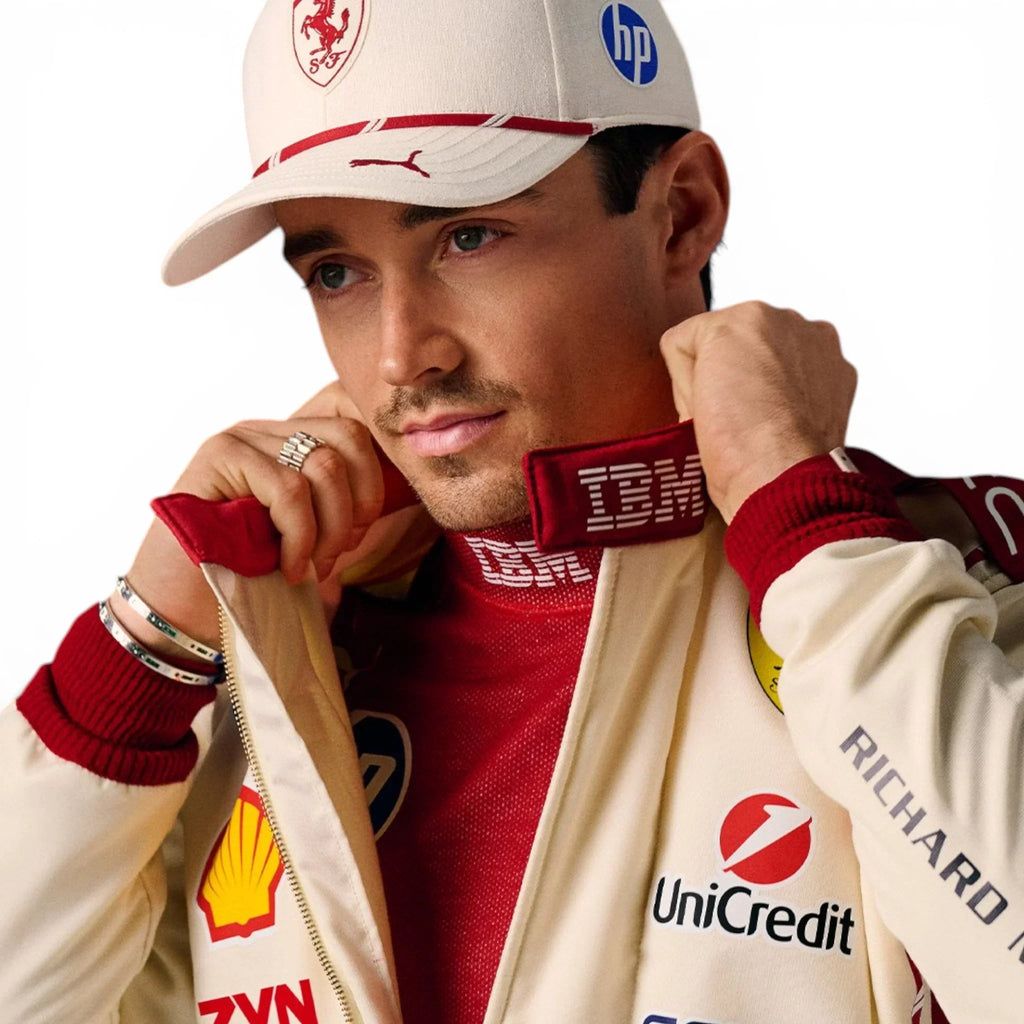 Charles Leclerc 2026 Monaco Grand Prix Ferrari F1 Inspired Race Suit in Ferrari Red, Front view 2 showing printed sponsor logos, by Reaxion Racegear
