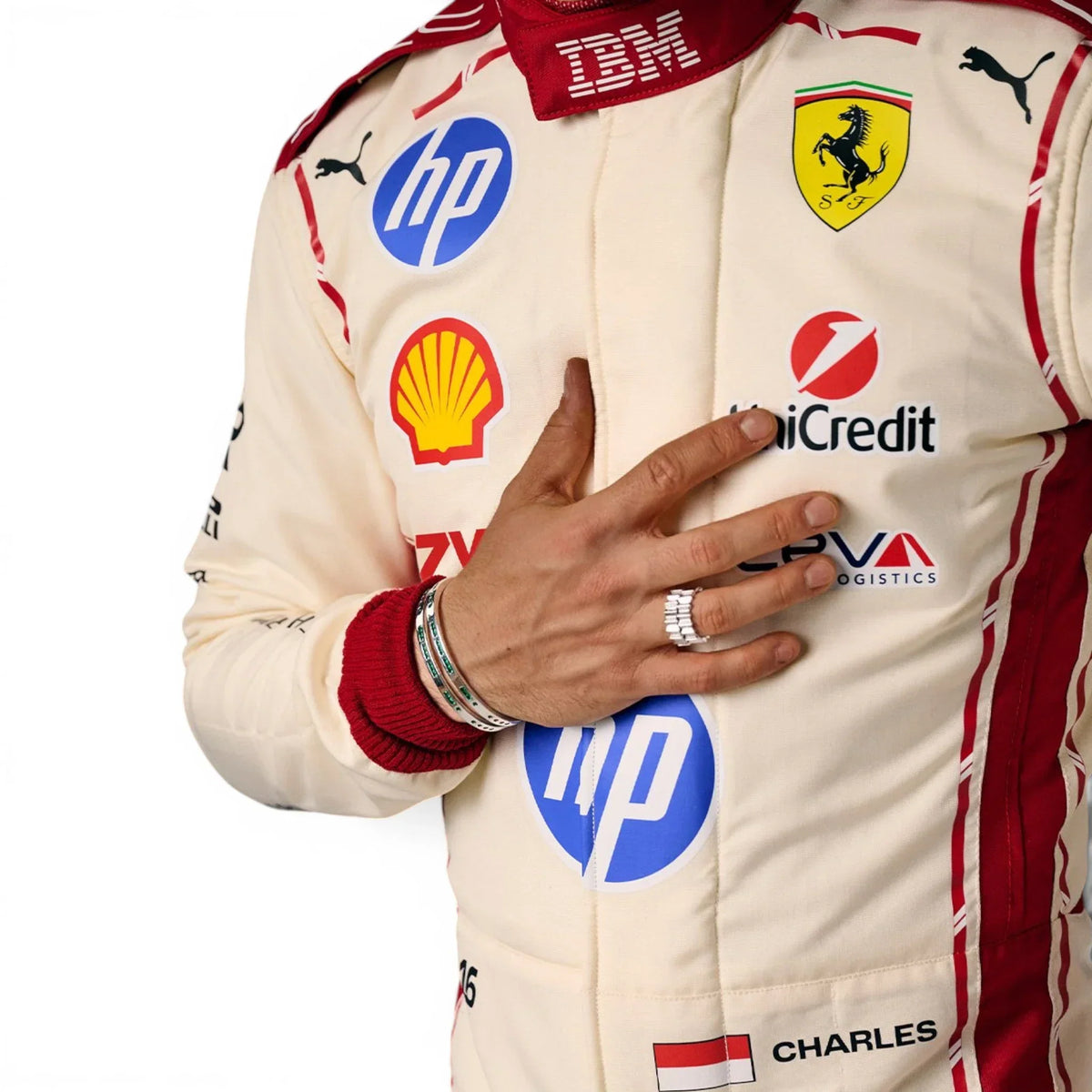 Charles Leclerc 2026 Monaco Grand Prix Ferrari F1 Inspired Race Suit in Ferrari Red, Side view showing printed sponsor logos, by Reaxion Racegear