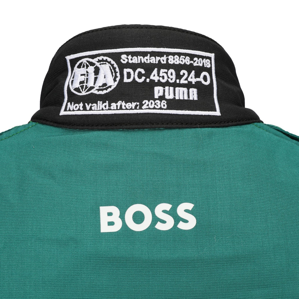  FIA and Puma collar label on Fernando Alonso’s 2026 Aston Martin F1 race suit – Reaxion Racegear.